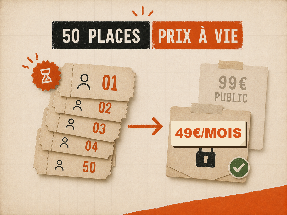 Pile de tickets founder limitée à 50 places menant à une carte 49€/mois verrouillée à vie, sur fond papier VibesMoney.
