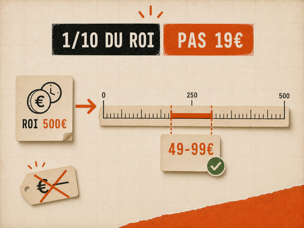Règle papier de pricing avec ROI 500€ menant à une zone 49-99€ validée, sur fond papier VibesMoney.