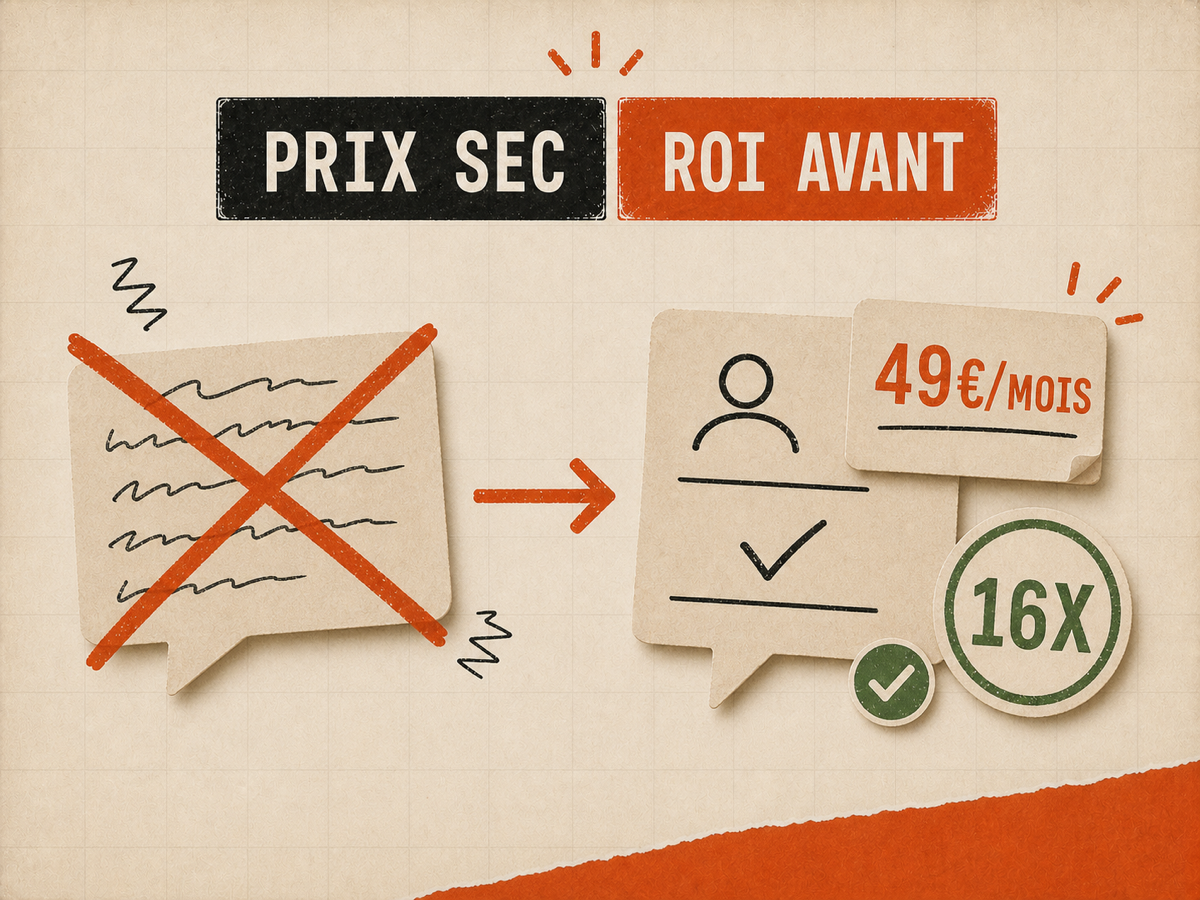 Deux bulles papier opposant un pitch confus barré à une annonce 49€/mois avec ROI 16x validé, sur fond papier VibesMoney.