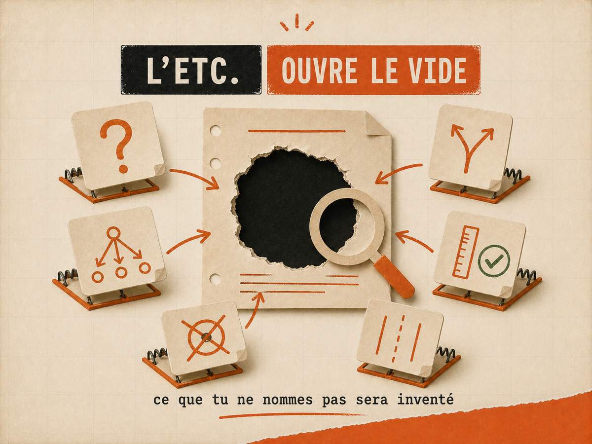 Cinq fiches papier disposées autour d'un trou noir central avec une loupe orange, illustrant l'effet d'aspiration d'un « etc. » non spécifié dans une spec.