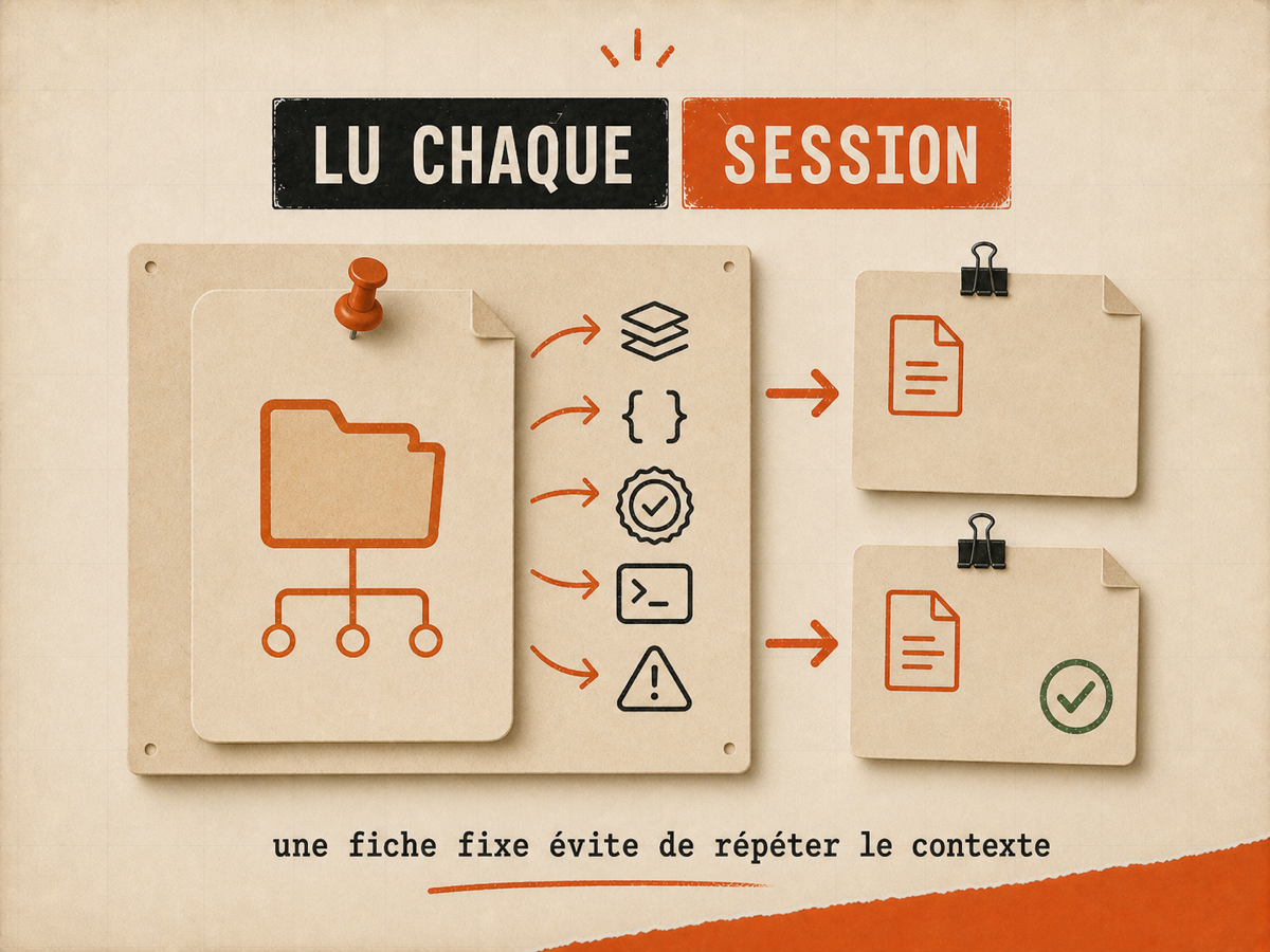 Dossier papier épinglé avec icônes stack et garde-fous reliés par flèches orange à deux fiches spec allégées et validées par un check vert.