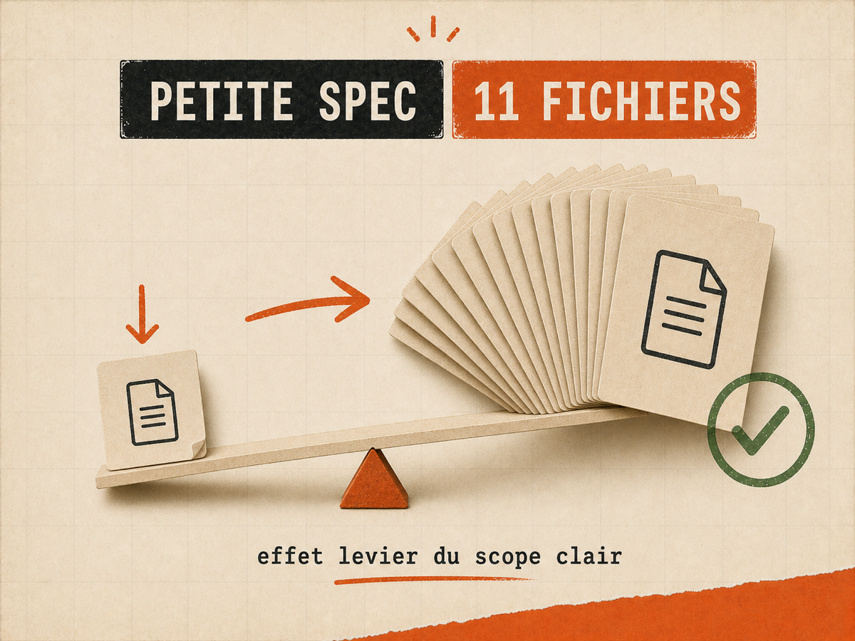 Levier papier VibesMoney : à gauche une petite spec sur une fiche unique, à droite un éventail de onze fichiers livrés, flèche orange et check vert illustrant l'effet levier d'un scope clair.