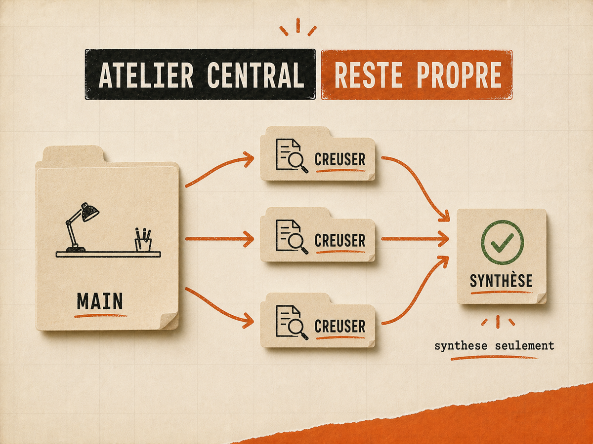 Un dossier principal propre envoie trois onglets papier explorer puis reçoit une carte synthèse validée.