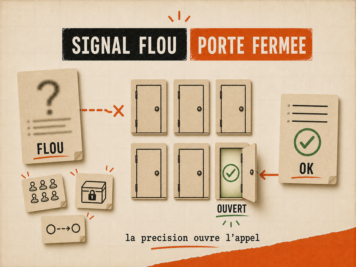 Une carte floue bloque plusieurs portes fermées tandis qu'une carte précise ouvre une porte verte.