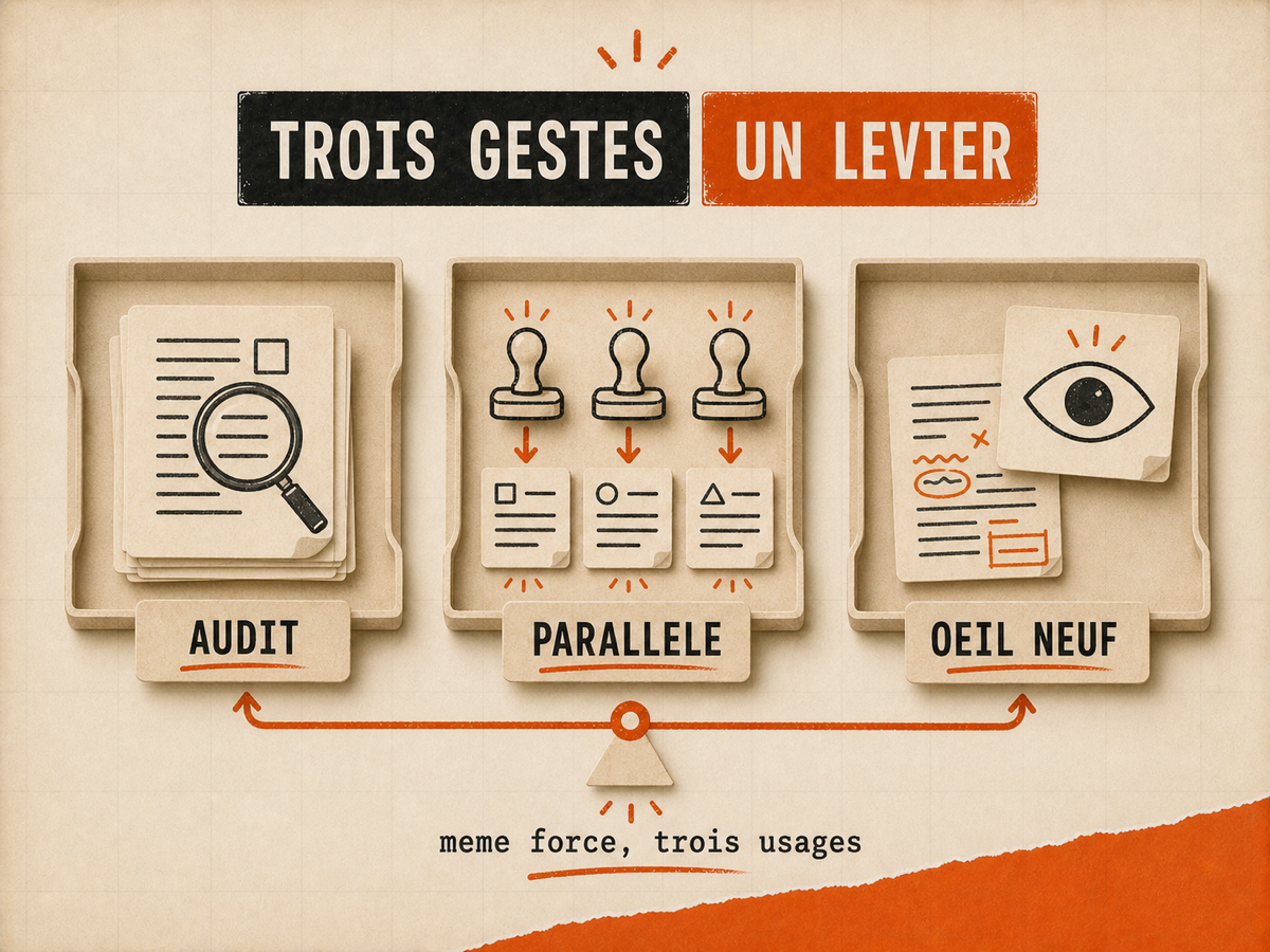 Trois plateaux papier montrent une loupe d'audit, des tampons parallèles et un œil neuf.