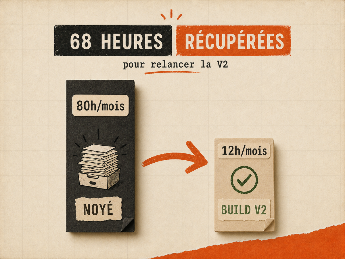 Diagramme papier comparant 80h/mois de support manuel à 12h/mois après setup IA, soit 68h récupérées pour relancer la V2.