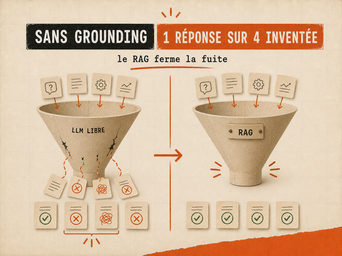 Comparaison papier entre un agent LLM sans grounding qui hallucine une réponse sur quatre et un agent grounded qui répond juste.