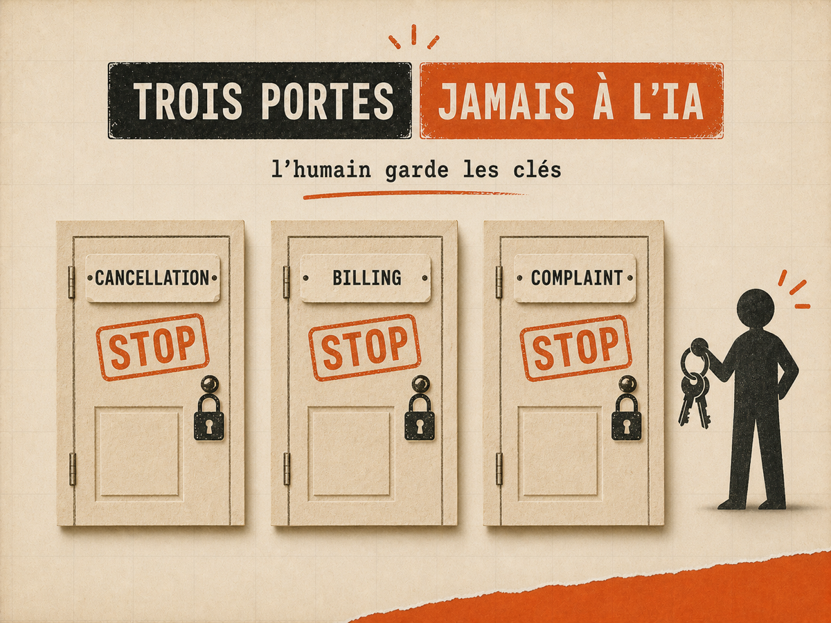 Trois portes papier verrouillées étiquetées CANCELLATION, BILLING et COMPLAINT, avec un tampon STOP orange et une silhouette humaine qui garde les clés.