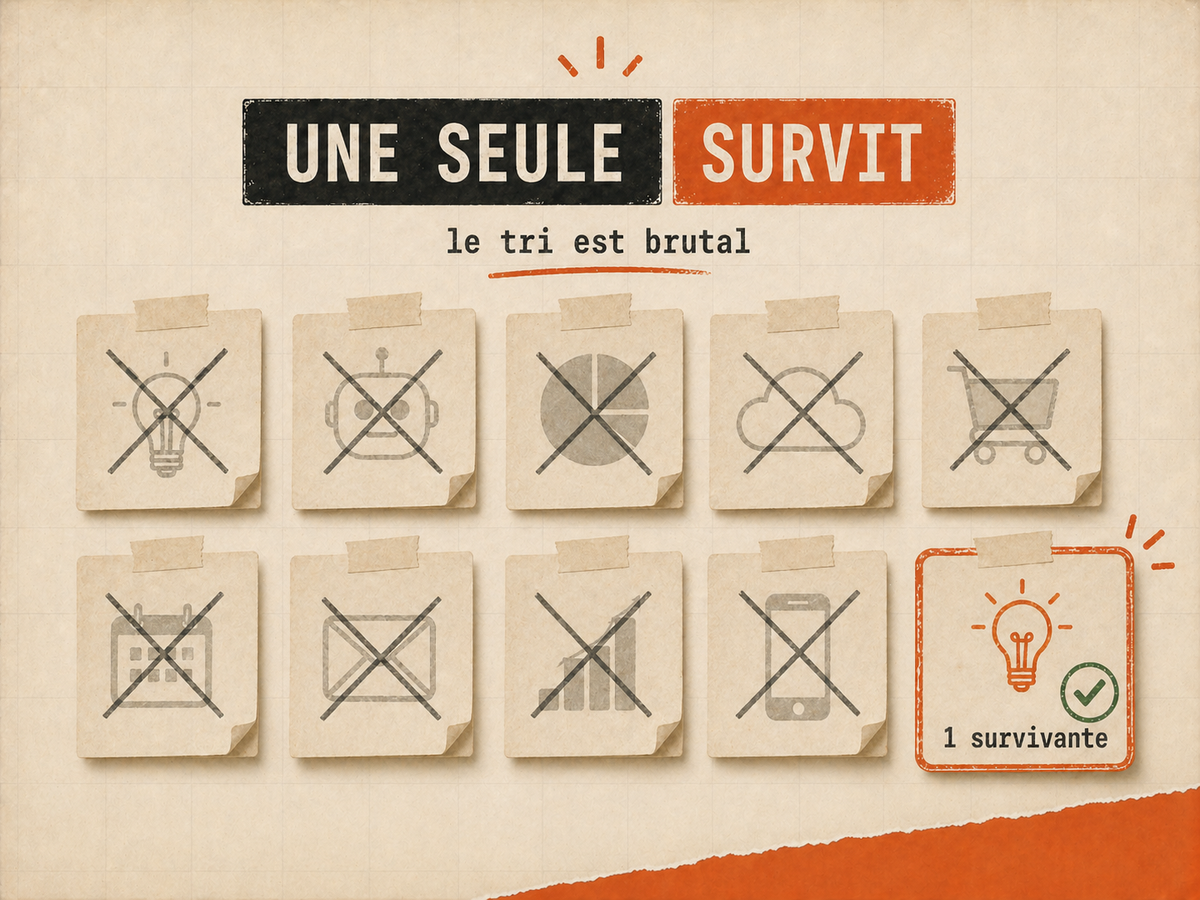 Neuf idées SaaS rejetées et une seule idée survivante après validation.