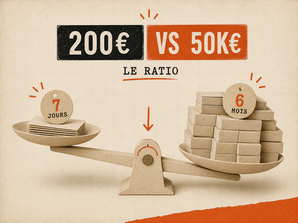Balance en papier crème comparant une petite pile marquée sept jours à une lourde pile marquée six mois.