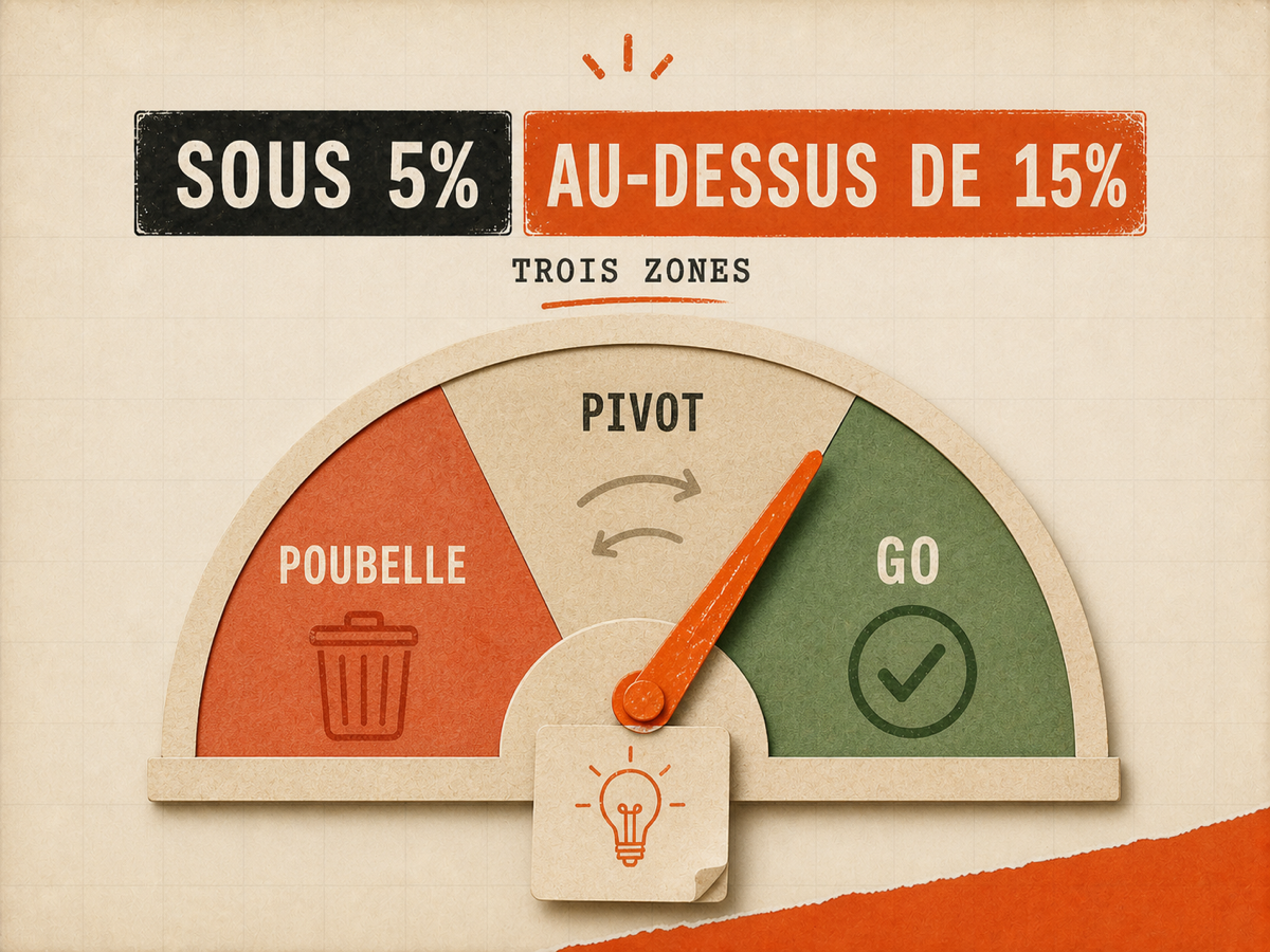 Cadran papier à trois zones, poubelle, pivot et go, avec une aiguille orange pointant vers la validation.