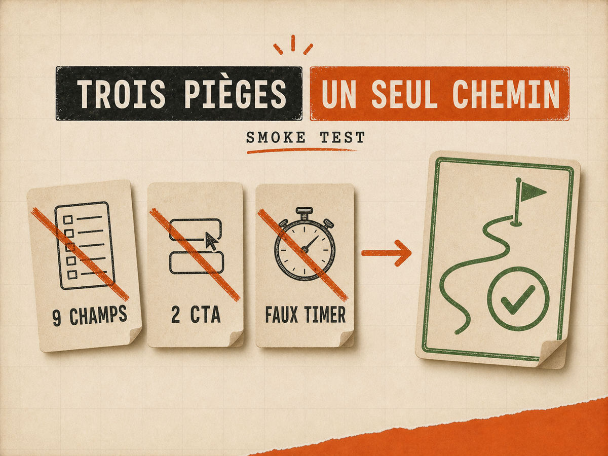 Trois cartes papier barrées indiquent neuf champs, deux CTA et faux timer, avec une carte validée à droite.