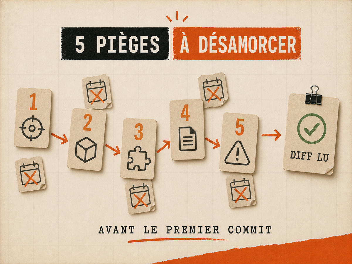 Illustration papier avec cinq cartes pièges numérotées reliées par des flèches vers une carte DIFF LU validée.