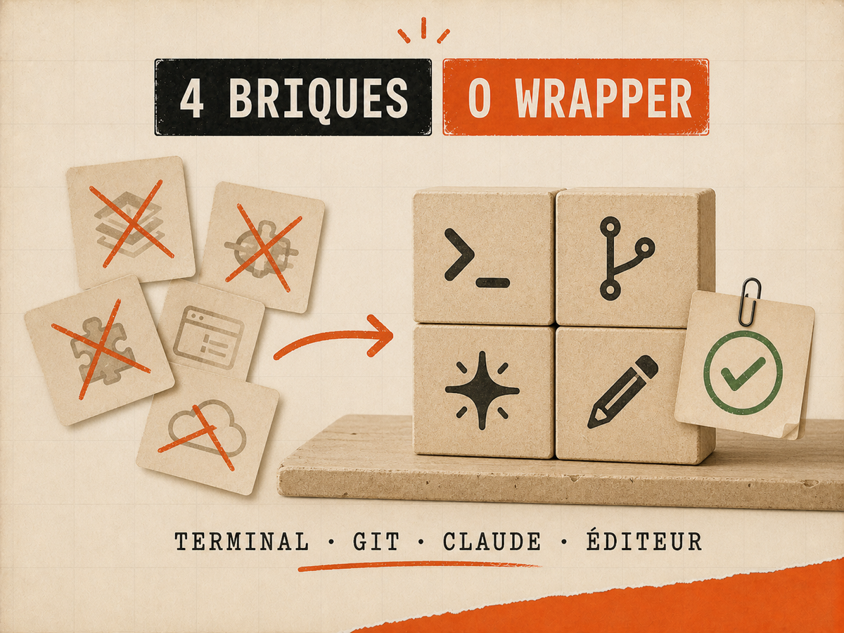 Illustration papier avec quatre briques à icônes, des cartes wrapper barrées et un check vert.