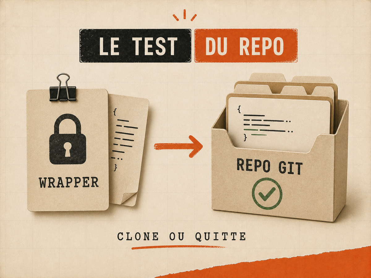 Illustration papier montrant une carte WRAPPER verrouillée menant vers une boîte REPO GIT validée.