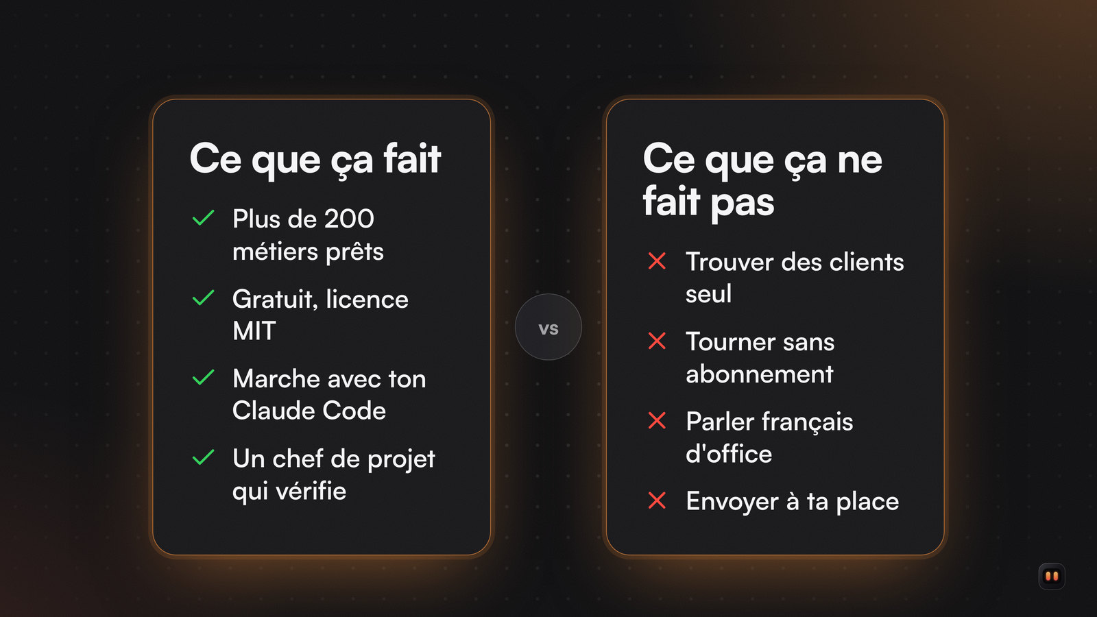 Deux colonnes : à gauche ce qu'Agency Agents fait, à droite ce qu'il ne fait pas, avec une coche ou une croix par ligne.