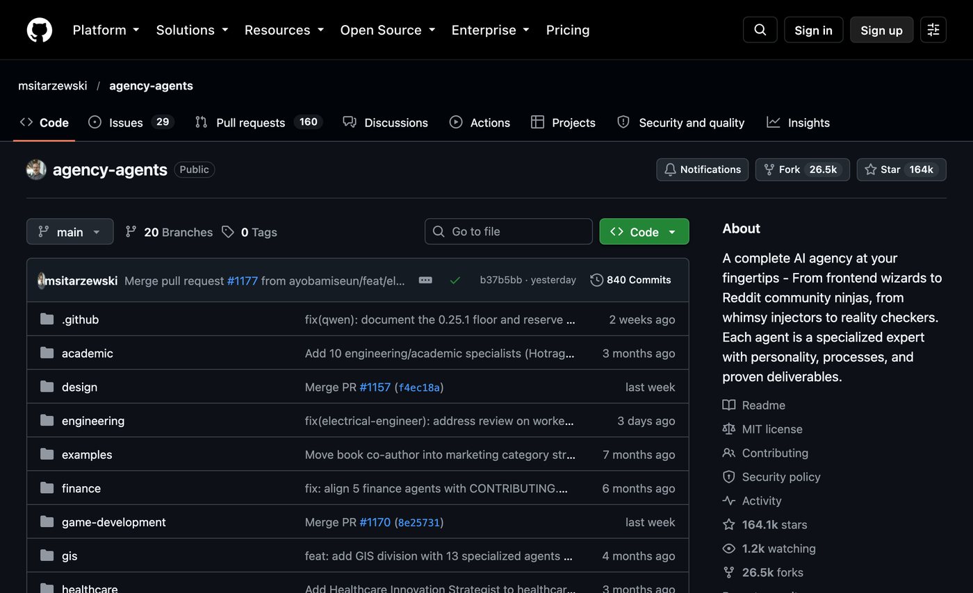 La page GitHub du dépôt agency-agents en thème sombre : les dossiers des équipes (design, engineering, finance…), 164 000 étoiles et la licence MIT dans la colonne À propos.