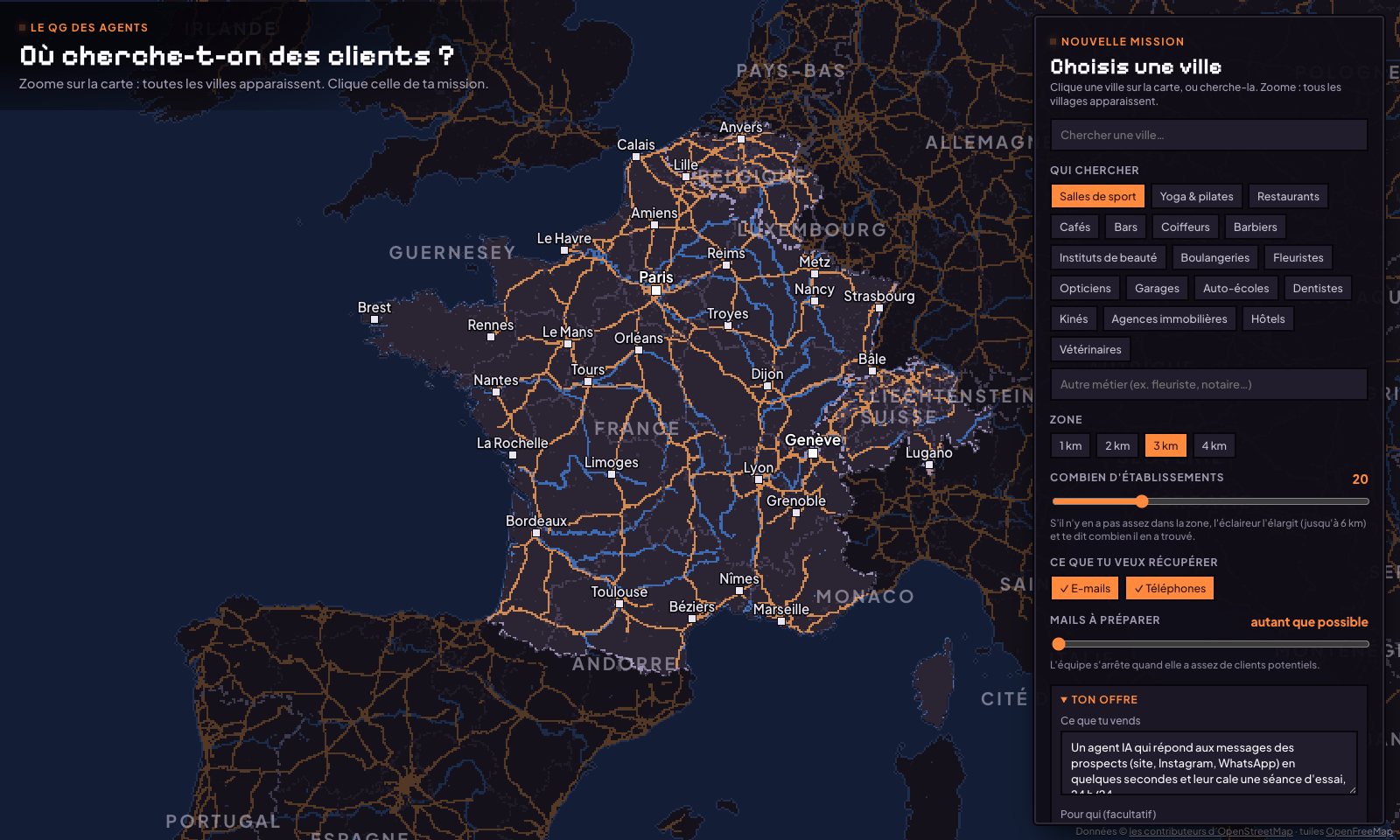 La carte de France en pixel art, avec ses villes, et le panneau Nouvelle mission : le métier, la zone, le nombre d’établissements, les e-mails et les téléphones, et la case Ton offre.