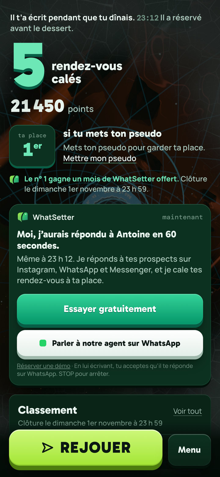 Écran de fin : 5 rendez-vous calés, 21 450 points, la place au classement, puis la carte WhatSetter avec le bouton « Essayer gratuitement » et REJOUER en bas.