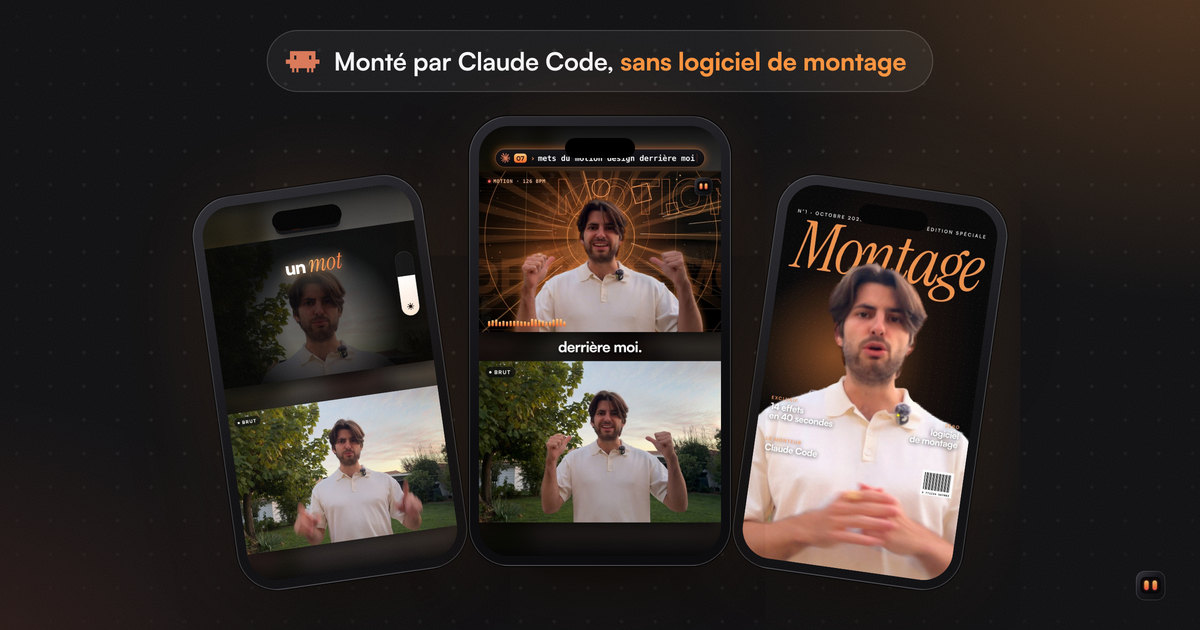 Trois téléphones qui montrent le reel monté par Claude Code : la lumière sur « un mot », l’écran partagé avec le décor motion design, la couverture de magazine. En haut : sans logiciel de montage.